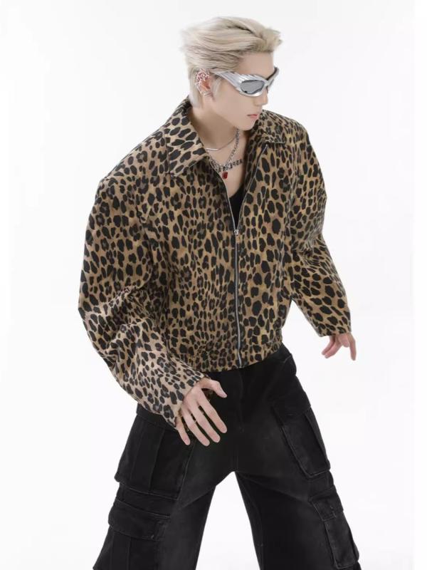 ジャケット メンズ ヒョウ柄 ウォッシュ加工 デニム ショート丈 ゆったり オーバーサイズ アメリカンレトロ 襟付き 肩パッド 春秋 カジュアル ブルゾン