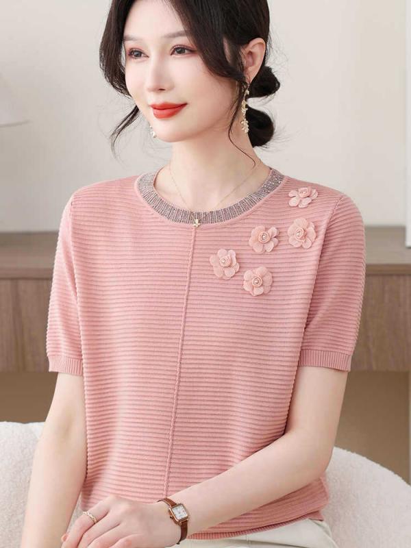 Tシャツ レディース ミセス 中高年女性 接触冷感 半袖 春夏 ボタニカル柄 花柄 立体装飾 ネットメッシュ素材 ラウンドネック 上品 エレガント 切り替えデザイン トップス カットソー ブルー ピンク