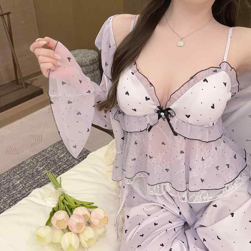 ルームウェア レディース 接触冷感 ハート ドット柄 セクシー パッド付き キャミソール ショートパンツ 長袖 長ズボン 4点セット 外出着