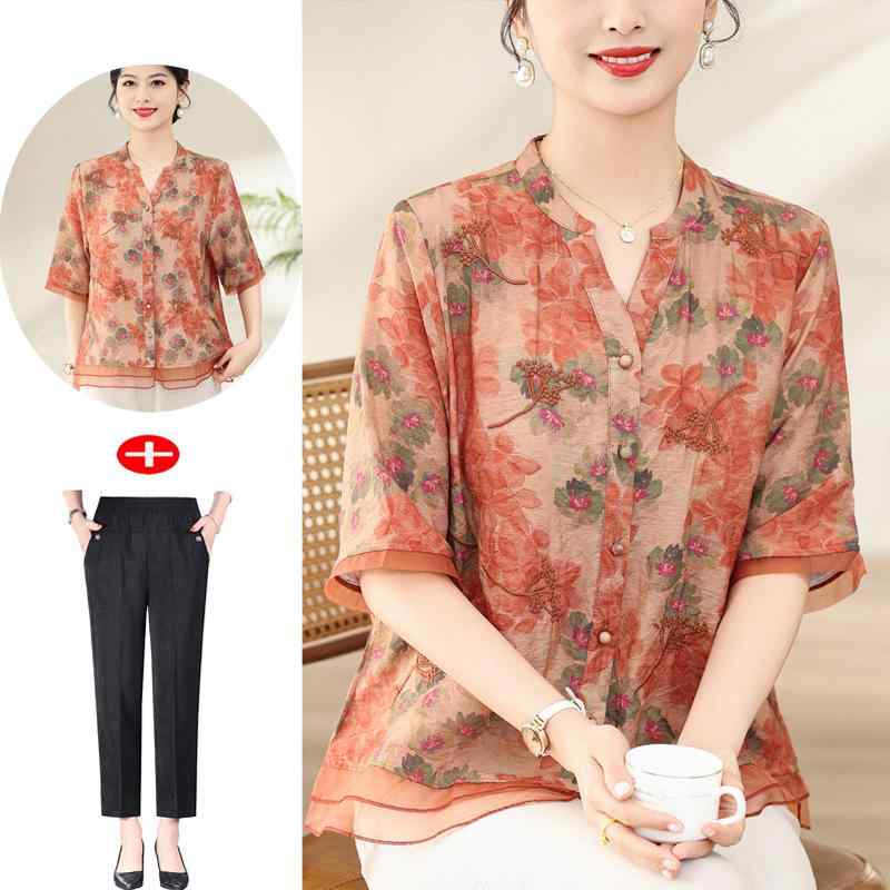 セットアップ ミセス レディース 中高年女性 春夏 薄手 プリント Tシャツ ブラウス Vネック 半袖 シフォン 上品 エレガント 通勤