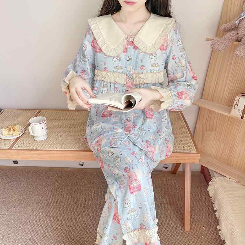 パジャマ レディース 胸パッド付き ルームウェア 部屋着 前開き 長袖 長パンツ 春秋 薄手 テーラード襟 涼しい 快適 スイート かわいい プリンセス キャラクター 学生 ガーゼ 綿100% フェミニン