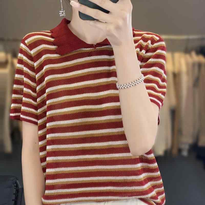 ニット Tシャツ レディース 薄手 接触冷感 着痩せ 体型カバー ゆったり ルーズ フレンチ スタイル ポロ襟 ストライプ 半袖 サマーニット 春夏