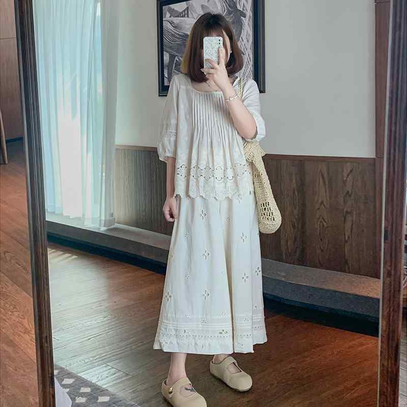 お部屋お召しもの レディース 純綿 綿織物 薄っぺら 手当たり好いたらしい フレンチテイスト 刺・墸 スピード競技 真四角のど首 五分袖 トップス ロングズボン下 セットアップ ゆったり か細い押し出し お部屋着 夏 杏 ベージュ
