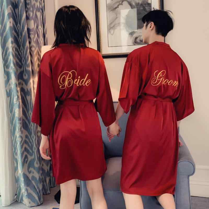 ローブ レディース 結婚式 花嫁 ブライズメイド ウェディング サテン調 シルクタッチ ポリエステル 薄手 ルームウェア パジャマ 刺繍 箔押し 春 カップル お揃い