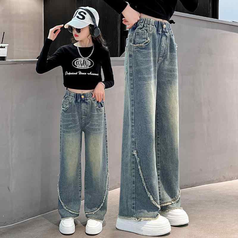 韓国子供服 デニムパンツ キッズ 女の子 ゆったり ワイド ストレートパンツ 春秋 ウエストゴム ハイウエスト 柔らかい おしゃれ カジュアル ジュニア 小学生 中学生 8歳 140cm 150cm 160cm 切りっぱなし裾