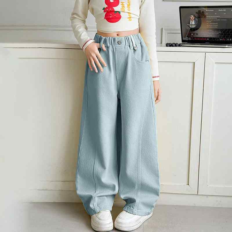 パンツ キッズ 女の子 ジュニア デニムカーブパンツ 春秋 やわらか 綿 コットン カジュアル 韓国ファッション おしゃれ トレンド イエロー ブルー グレー 120cm 130cm 140cm 150cm 160cm 170cm