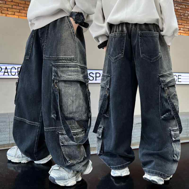 デニムパンツ 男の子 キッズ ジュニア ワークパンツ カーゴパンツ ゆったり ルーズ ストレートワイド ロングパンツ おしゃれ カジュアル アメカジ 綿 ソフト ウエストゴム ハイウエスト 春秋 普段着 通学 お出かけ