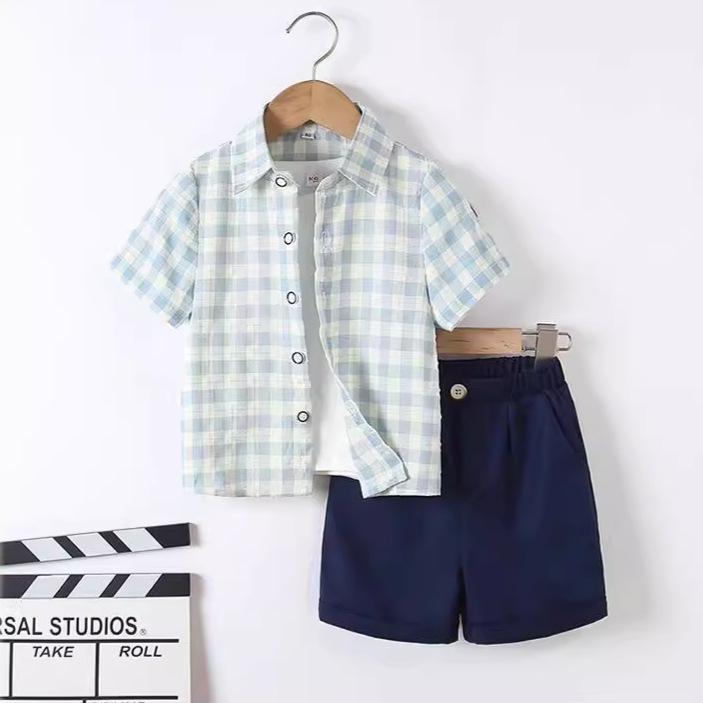 キッズ 男の子 紳士 フォーマル セットアップ 上下セット 半袖 シャツ ショートパンツ ブルーチェック 薄手 ポリエステル イギリス風 英国風 夏服 お出かけ 結婚式 発表会 かっこいい おしゃれ
