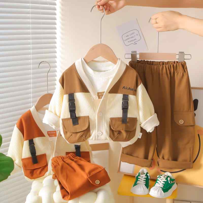 キッズウェア 男の子 ベビー 子供 綿95% ソフトタッチ 秋物 長袖 ジャケット パンツ 3点セット 韓国風 おしゃれ カジュアル 通園 通学 普段着 80 90 100cm