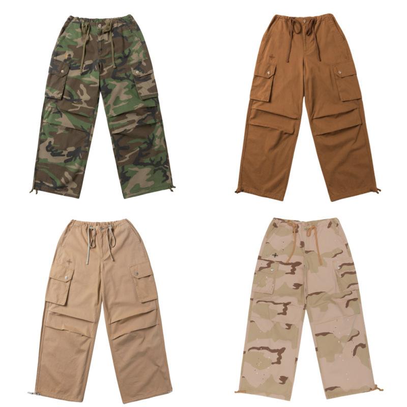 ワイドパンツ レディース ドローストリング調節 プリーツ パラシュートパンツ カーゴ ストリート系 レトロ ハイウエスト シェニールコットン ストレッチ 刺繍 春夏 カモフラージュ