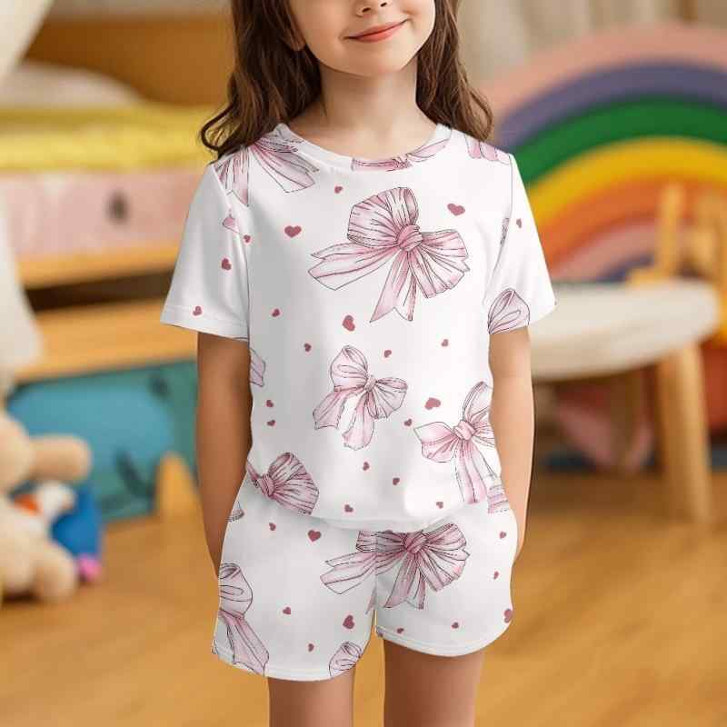 パジャマ キッズ 女の子 吸汗速乾 色落ちしにくい かわいい キャラクター リボン プリント柄 夏用 Tシャツ ハーフパンツ 上下セット 部屋着 ルームウェア