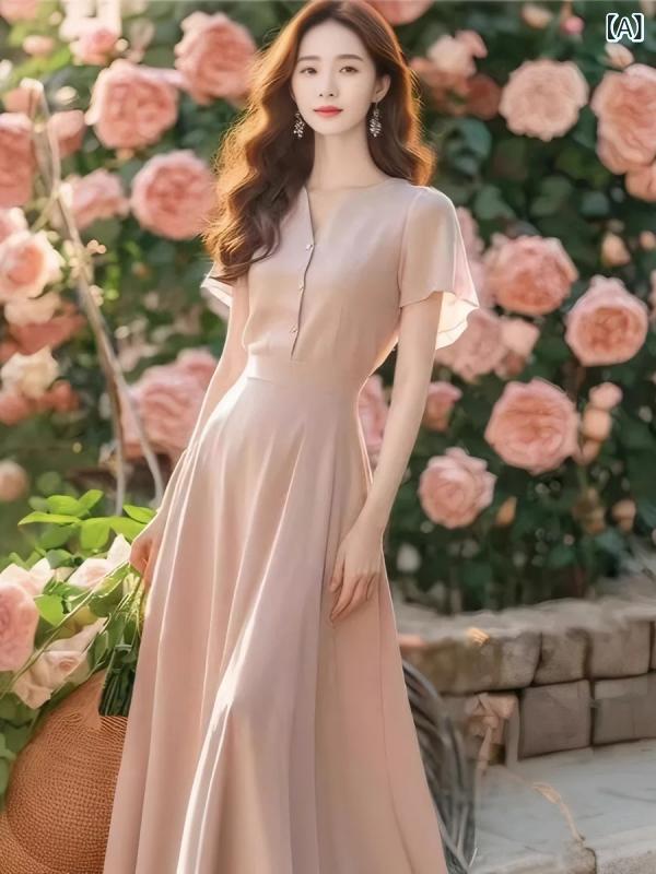 ワンピース レディース 春夏 フレンチスタイル Ｖネック ミモレ丈 Ａライン シフォン 半袖 ハイウエスト 切り替え 無地 通勤 おしゃれ 通勤 フェミニン 上品｜セキュアデポ