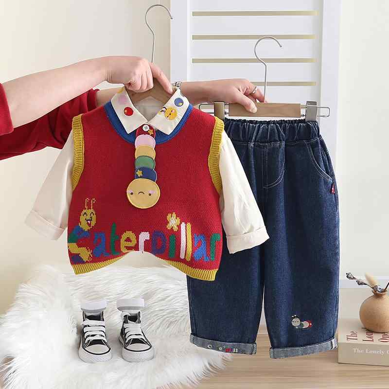 セットアップ ベビー キッズ 男の子 男児 春秋 スリーピース 綿混 やわらか素材 おしゃれ かわいい かっこいい キャラクター 切り替えデザイン セーター ニット ベスト ジレ 3点セット
