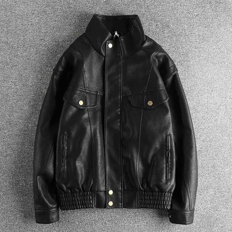 フェイクレザージャケット メンズ アメカジ ライチ柄型押し スタンドカラー ショート丈 ゆったり ジップアップ ライダース ワーク 春秋 アウター ブラック 大きいサイズ