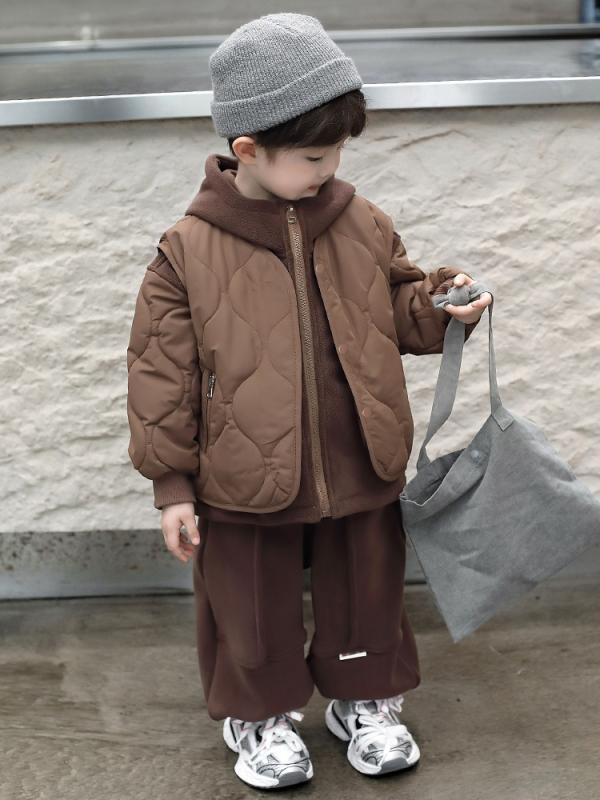 キッズ 男の子 パンツ セットアップ 裏起毛 厚手 暖か 冬物 韓国風 おしゃれ カジュアル 長袖 フード付き ジップアップ ベスト 3点セット ロングパンツ 綿混 柔らかい