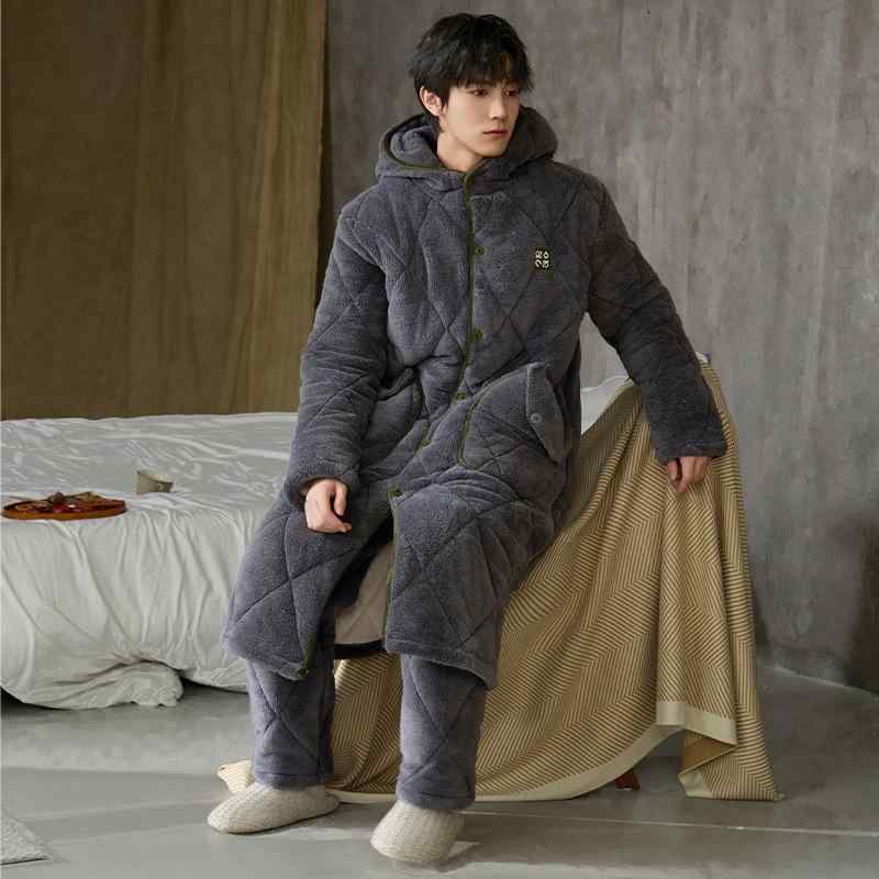 御部屋御召しもの メンズ 冬用 ボンネット付き添い人 ロング丈 中綿入り口・入口 裏起毛 朦々たる 保温 生あたたかい サンゴフリース原料品 パジャマ 上下仕かける 好いたらしい 御部屋着