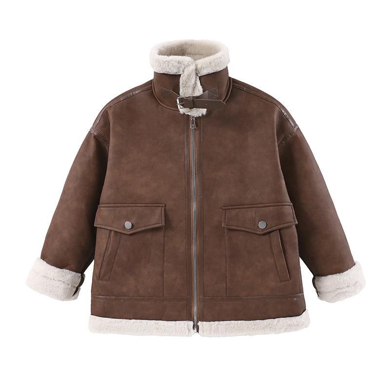 キッズ 男の子 裏起毛 厚手 保温 防寒 フェイクレザー ジップアップ ジャケット ビッグポケット 襟付き ボアライナー カジュアル 通学 冬物 ブラウン グリーン ミドル丈
