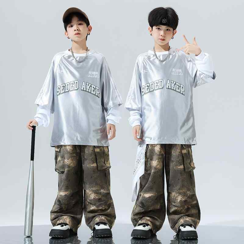 キッズ 男の子 ヒップホップ ダンス衣装 ストリートダンス シルバー 迷彩 上下セット ロングパンツ かっこいい 演出服 ドラム 発表会 ステージ衣装