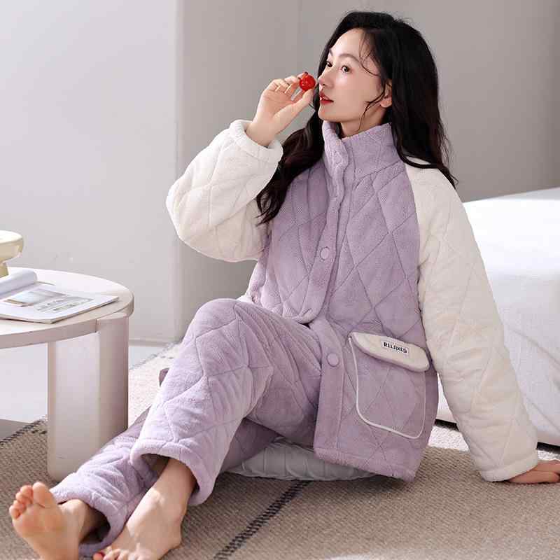 パジャマ レディース 女性用 超厚手 裏起毛 3層 キルティング 中綿入り サンゴマイヤー 前開き ハイネック 長袖 長ズボン あったか 保温 快適 ルームウェア 部屋着 セットアップ 秋冬 ワンマイルウェア