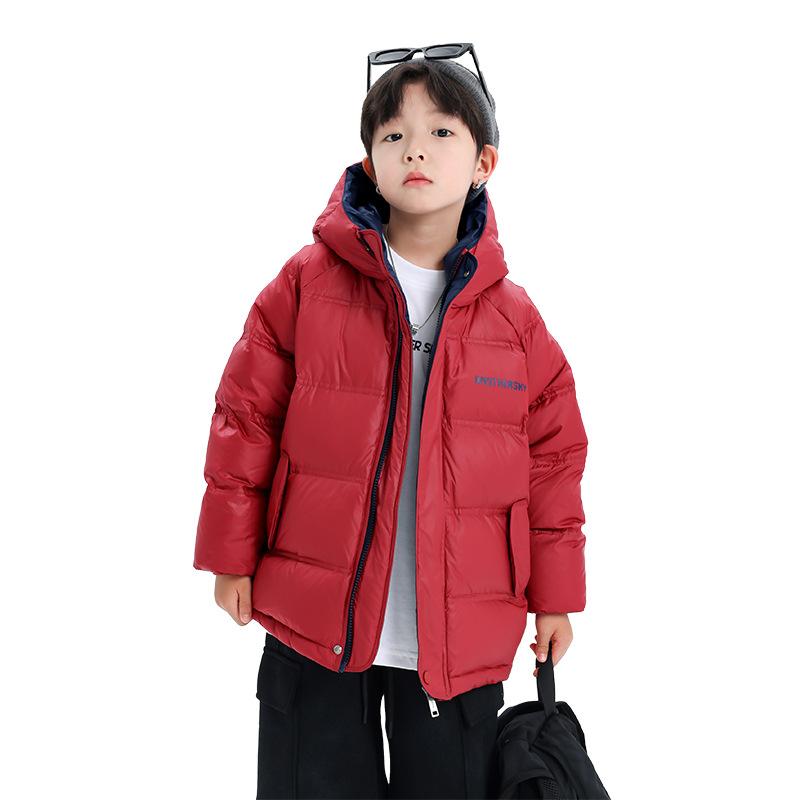 ダウンジャケット 男の子 キッズ 防寒 厚手 フード付き 冬用 ホワイトダックダウン ゆったり ショート丈 ジュニア アウター レッド 韓国風 ポリエステル