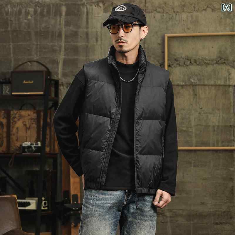 ダウンベスト メンズ 90%ホワイトダックダウン 高品質 防寒 軽量 薄手 ショート丈 スタンドカラー カジュアル アウター 秋冬｜セキュアデポ