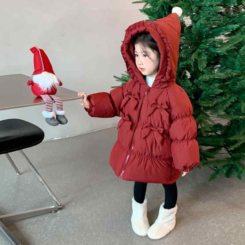 ダウンジャケット 女の子 キッズ 子供 ベビー 冬用 防寒 白ダウン 90%ダウン フード付き 厚手 ミドル丈 ゆったり 柔らか 赤 レッド ポリエステル アウター おしゃれ 韓国風 カジュアル