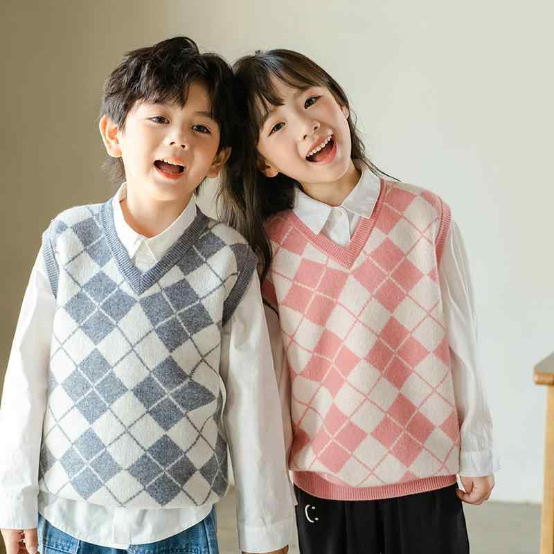 ベスト キッズ 男の子 女の子 ジュニア 中高生 秋冬 厚手 柔らか素材 100% ウール カシミヤ プルオーバー ノースリーブ Vネック 菱形チェック 切り替え ニット カジュアル