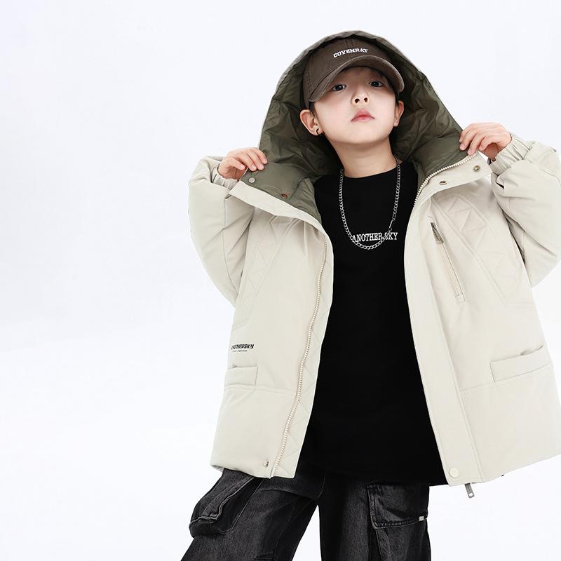 ダウンジャケット 男の子 キッズ ジュニア ホワイトダックダウン フード付き 厚手 防寒 冬物 通学 韓国風 おしゃれ ポリエステル素材 オフホワイト ブラック アウター|セキュアデポ