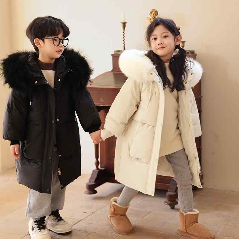ダウンジャケット キッズ ジュニア 男の子 女の子 ロング丈 白鴨ダウン 厚手 暖かい フード付き 韓国風 おしゃれ かわいい 無地 ジップアップ 長袖 アウター 冬 防寒着