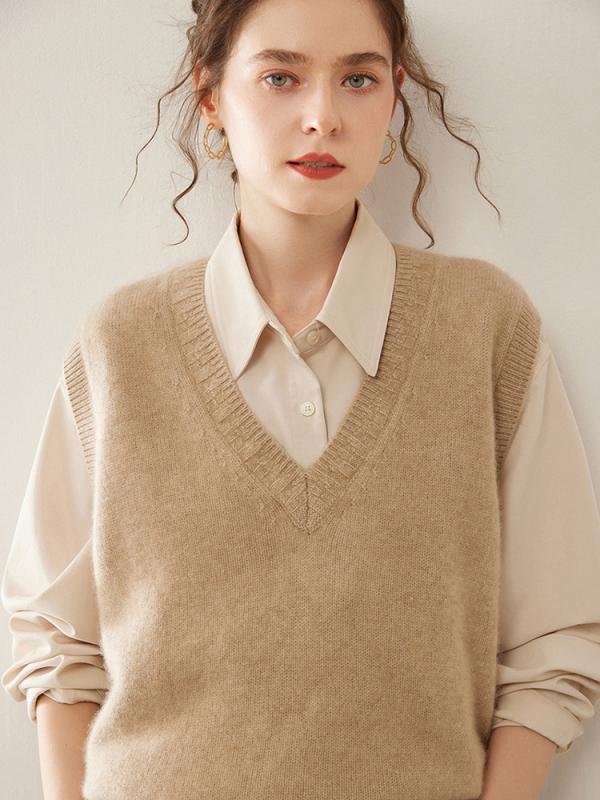 ベスト レディース 女性用 秋冬 カシミヤ Vネック ニット ノースリーブ ゆったり 重ね着 トップス オフィス カジュアル 通勤 レイヤードスタイル エレガントキャメル バニラベージュ