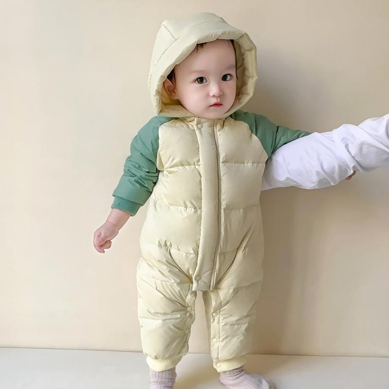 ロンパース もの言う花 乳飲み子 新生児 0歳 1歳 冬用 朦々たる 防寒 ホワイトダックダウン ボンネット付き添い人 押しかぶせる櫂 出で立つ着 おでかけ あったか 長袖 ポリエステル ラビットファー 心地よい うつり変わり 落ちこむ