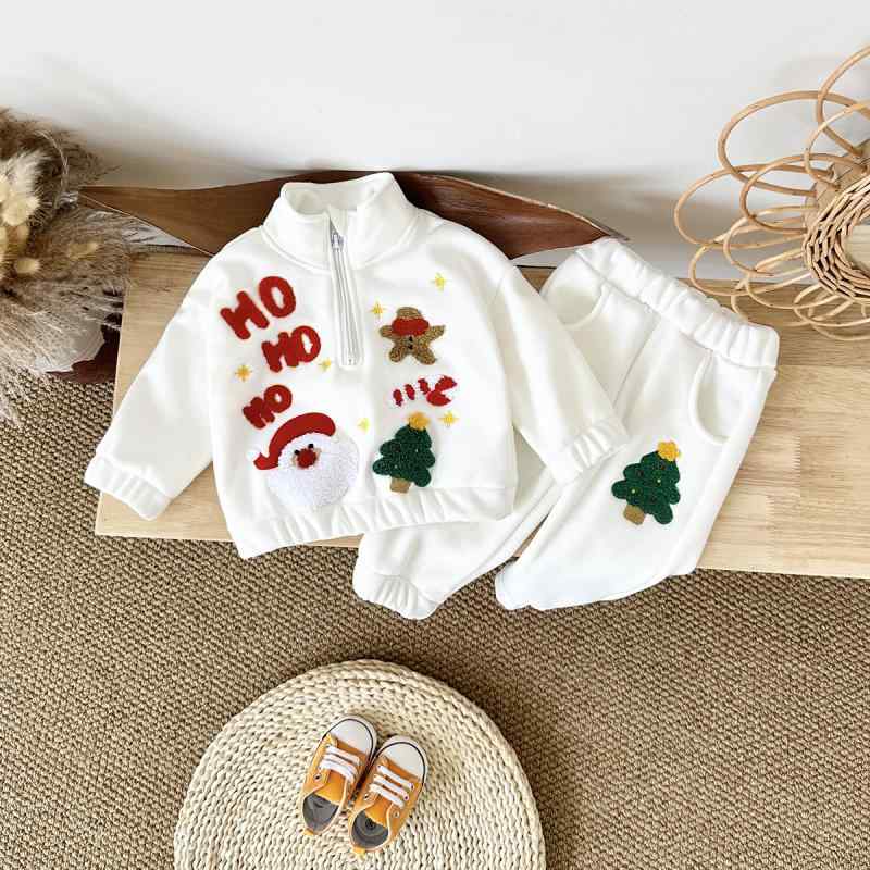 セットアップ ベビー 男の子 裏起毛 厚手 クリスマス スウェット トレーナー ロングパンツ 2点セット 刺繍 スタンドカラー ルームウェア 部屋着 秋冬