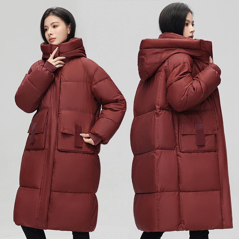 中綿ジャケット レディース 冬 ゆったり 厚手 保温 フード付き ロング丈 膝下丈 ジップアップ ポケット付き 中綿コート アウター 防寒 通勤 カジュアル 無地 ポリエステル