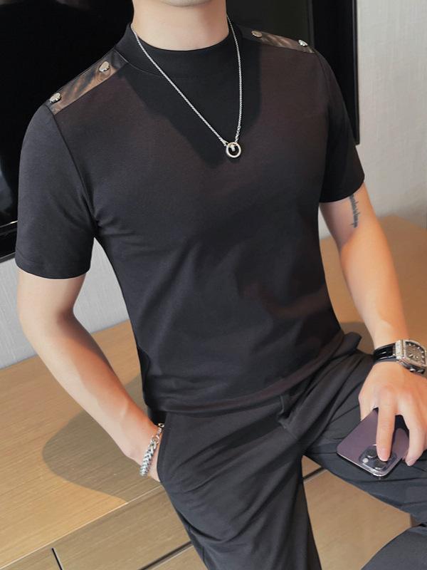 Tシャツ メンズ 高弾性 スリムフィット クルーネック 半袖 肩 レザー切り替え 飾りボタン 個性的 スタイリッシュ 綿混素材 インナー カットソー 大人カジュアル 春夏