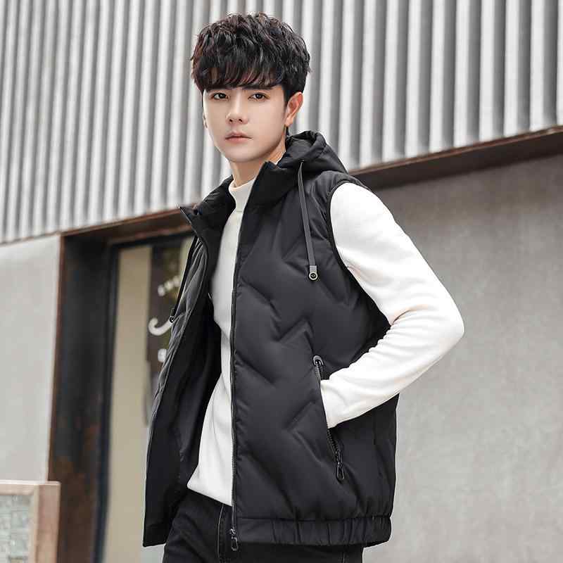 ダウンベスト メンズ 男性用 秋冬 フード付き 防寒 保温 厚手 ゆったり 80% ホワイトダックダウン ショート丈 カジュアル アウター ベーシック 多ポケット ブラック オフホワイト ブルー
