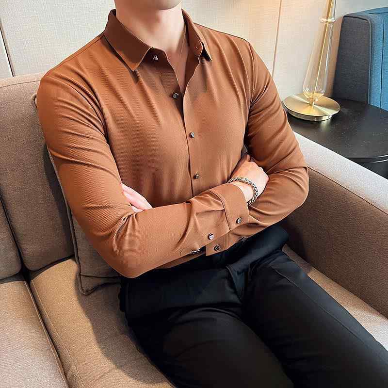 シャツ メンズ 秋冬 長袖 ワイシャツ シームレス加工 ワッフル素材 ノーアイロン スリムフィット レギュラーカラー 無地 カジュアル ビジネス オフィス 通勤