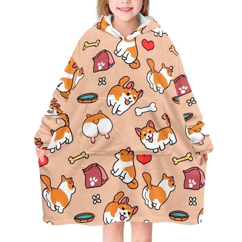 キッズ 男女兼用 肌触りの良い 厚手 フランネル ブランケットパーカー 裏起毛 カートゥーン 動物柄 プリント フード付き プルオーバー スウェット 部屋着