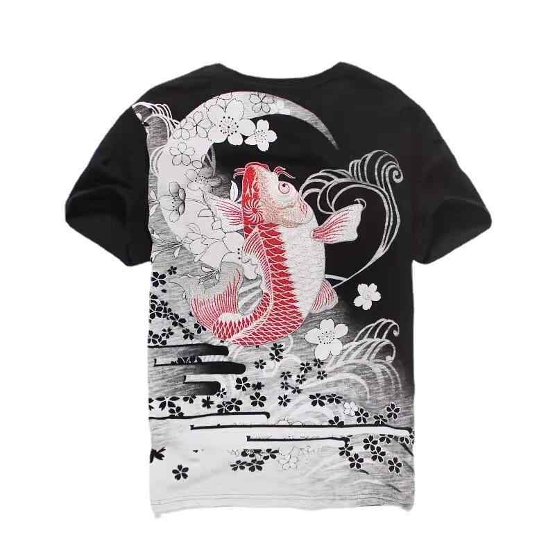 Tシャツ メンズ レディース ユニセックス 半袖 クルーネック 鯉刺繍 中国風 綿100% コーマ綿 ゆったり ルーズシルエット 吸汗速乾 韓国風 ビッグシルエット 春夏 カジュアル カットソー