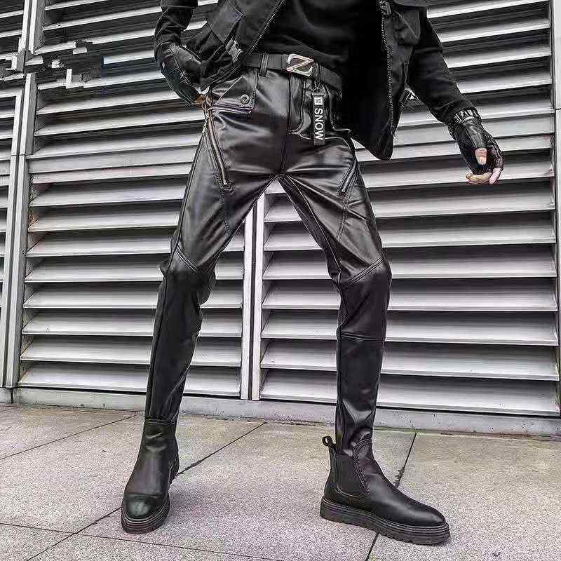 パンツ メンズ スキニー スリム タイト PUレザー ライダース ストリート 韓国風 カジュアル オールシーズン ステージ衣装 ライブ バイカー ブラック ロング丈