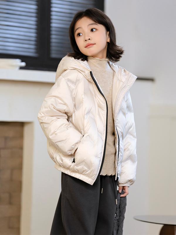 キッズ ダウンジャケット 女の子 子供用 90%ホワイトダックダウン 軽量 薄手 フード付き ゆったり ミドル丈 無地 ジップアップ 秋冬