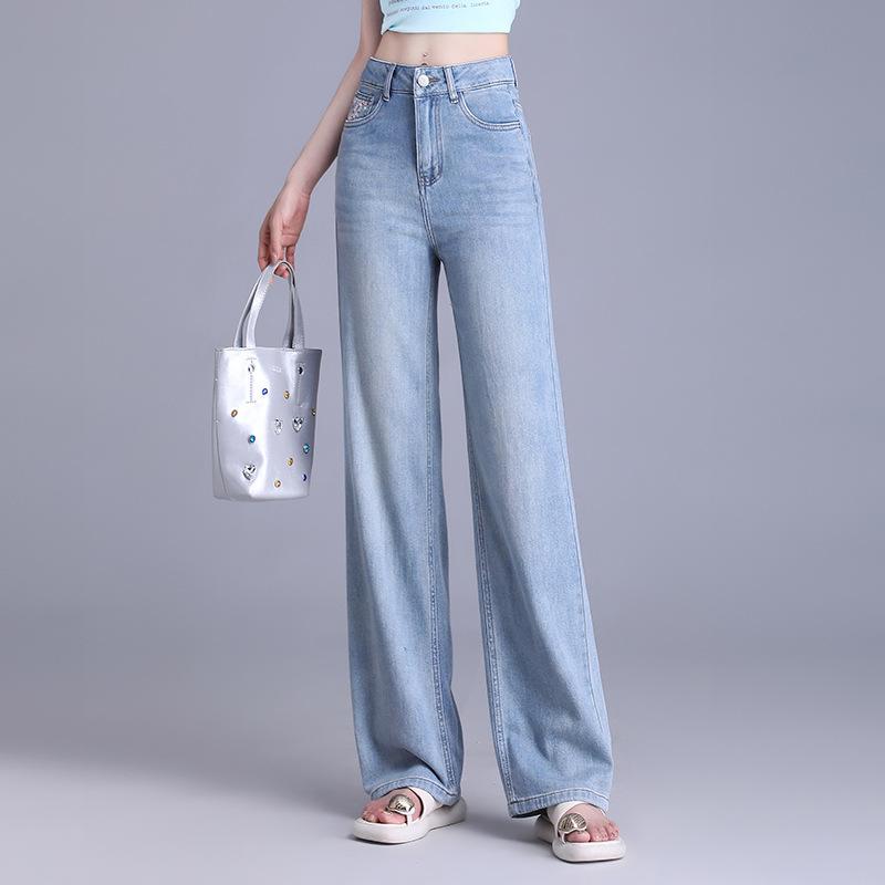 デニムパンツ レディース 薄手 高ウエスト 体型カバー 細見え 脚長効果 微ストレッチ ワイド ストレート スリム カジュアル 通勤 ロング