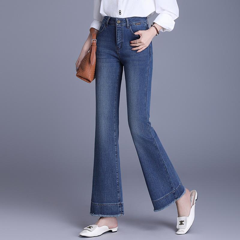 デニムパンツ レディース 春夏 ハイウエスト 細見え 体型カバー 脚長効果 スタイルアップ 微ストレッチ 中厚手 高級感 エレガント 微フレア マーメイドフレアパンツ ロング丈 レトロ ヴィンテージ 定番 万能 ファッション ブルー