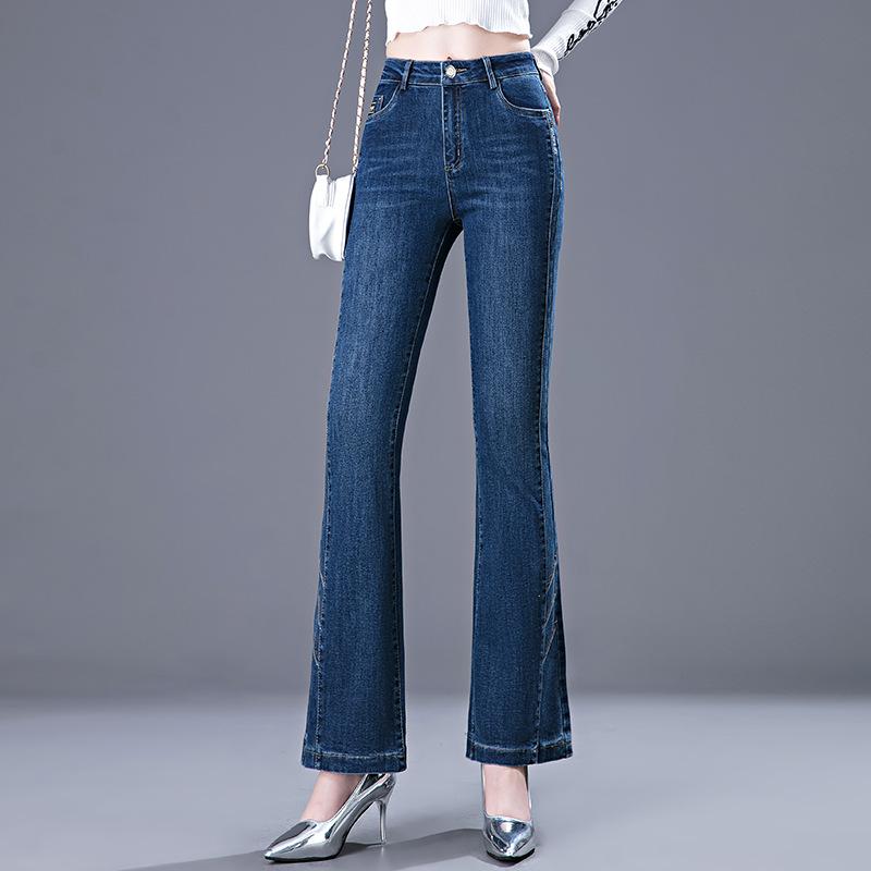 デニムパンツ レディース ハイウエスト 美脚 セミフレアパンツ 春秋 ドレープ感 ストレッチ 薄手 細見え 体型カバー 脚長効果 スタイルアップ ブルー 高級感 カジュアル おしゃれ 普段使い