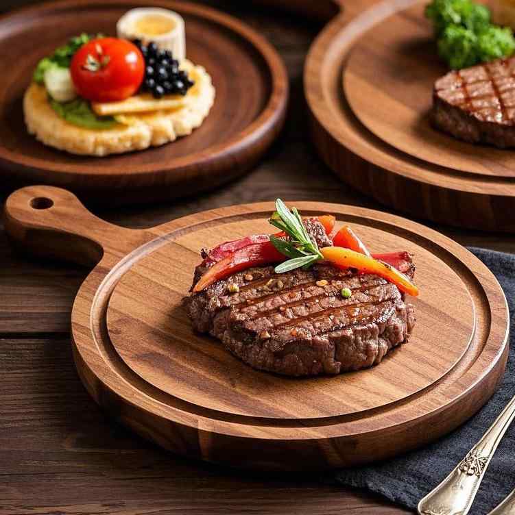プレート 木製 天然木 ピザ ステーキ皿 パン トレー 家庭用 業務用 レストラン カフェ おしゃれ 北欧風 丸型 ランチプレート 盛り付け皿 多用途 ディッシュプレート
