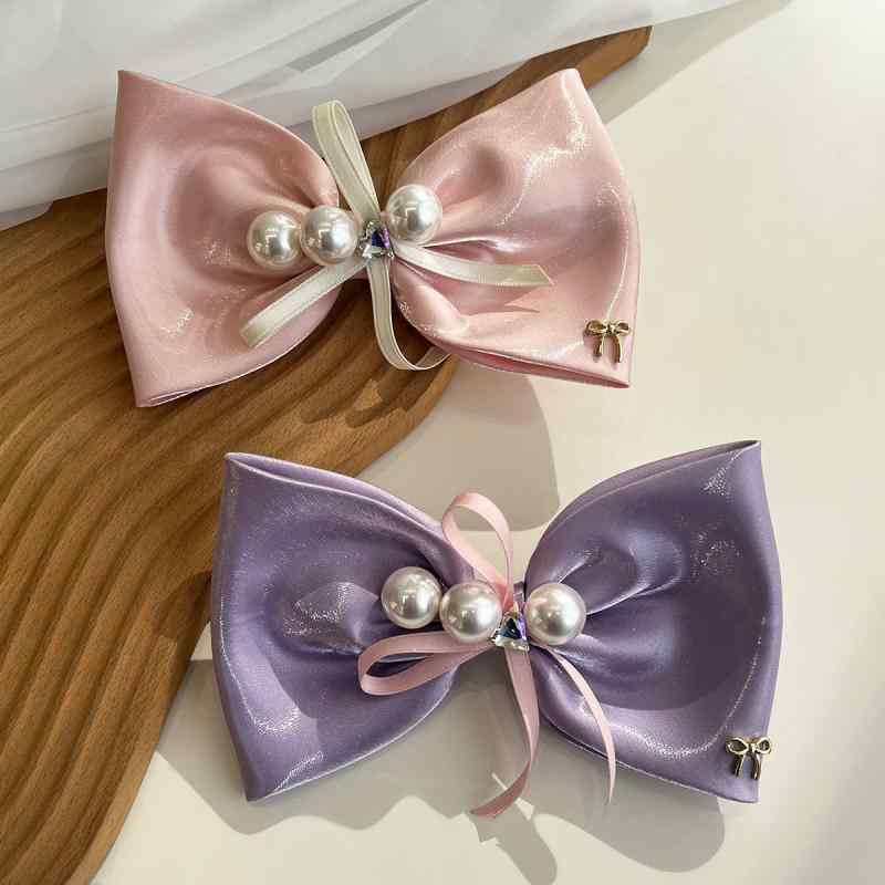 ヘアアクセサリー レディース パール リボン サテン布製 スプリングクリップ バレッタ ハンドメイド 上品 エレガント 韓国風 まとめ髪 髪飾り 春夏