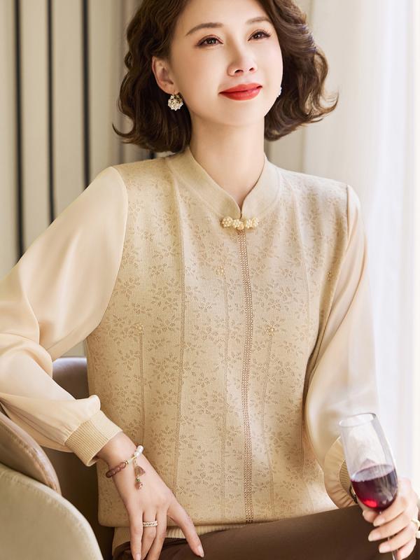 ニットソー レディース ミセス 中高年 春夏 薄手 長袖 チャイナネック カットソー プルオーバー 民族風 上品 エレガント 重ね着 インナー 普段使い お出かけ ママ服