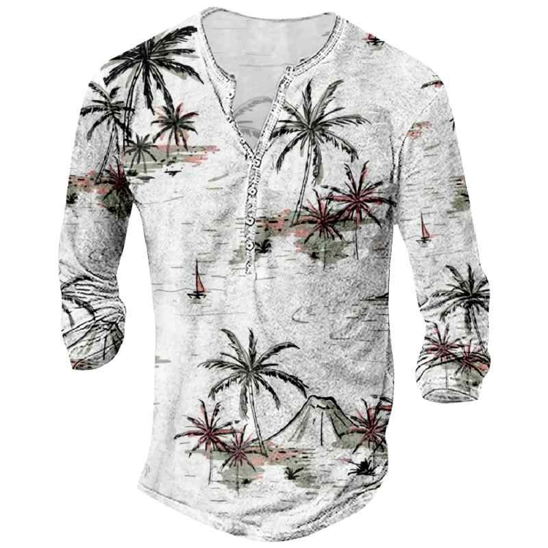 Tシャツ メンズ ハワイアン ヤシの木 3Dデジタルプリント マルチカラー ビッグシルエット ヘンリーネック ボタン 長袖 アメリカンカジュアル 普段着