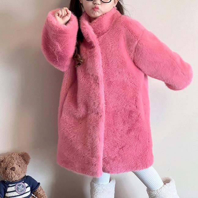コート キッズ 女の子 ジュニア 秋冬 ミンク調 エコファー 一体型 厚手 保温 ロング丈 フェイクレザー カジュアル 無地 スナップボタン アウター