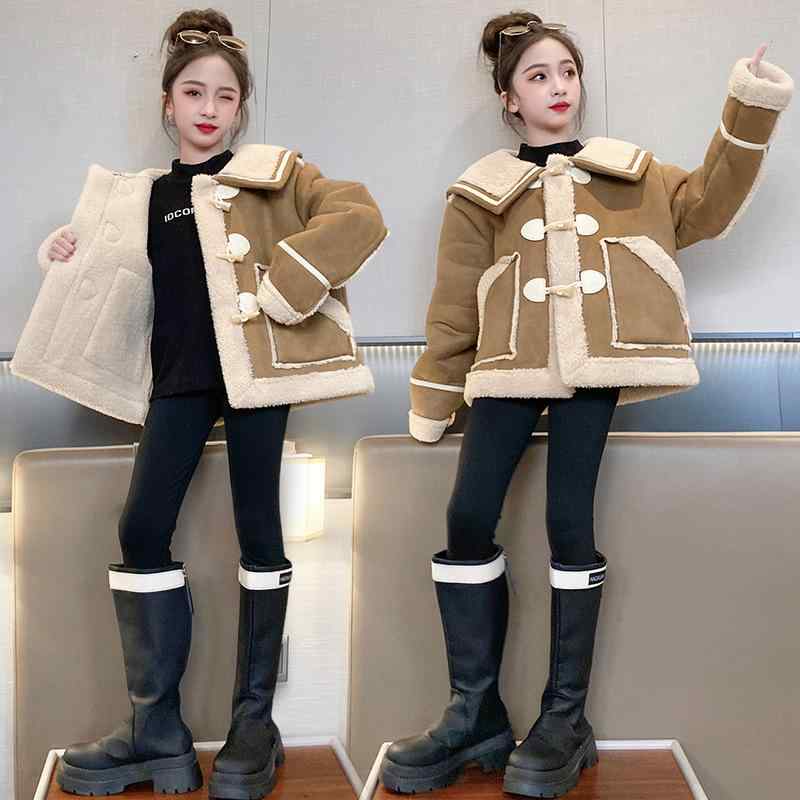 キッズ 女の子 コート 秋冬 裏ボア フェイクムートン 厚手 防寒 暖かい 中華風 おしゃれ 通学 カジュアル ジュニア 長袖 ショート丈 スクエアネック カーキ色