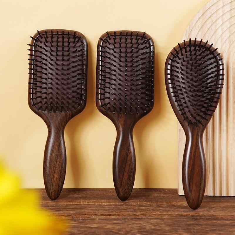 ヘアブラシ レディース 黒檀 木製 エアクッション 頭皮マッサージ ヘッドスパ ツボ押し 絡まりにくい 静電気防止 艶出し サラサラ髪 美髪ケア スカルプケア 大型 ロングヘア ショートヘア 全髪質対応 四角 楕円形
